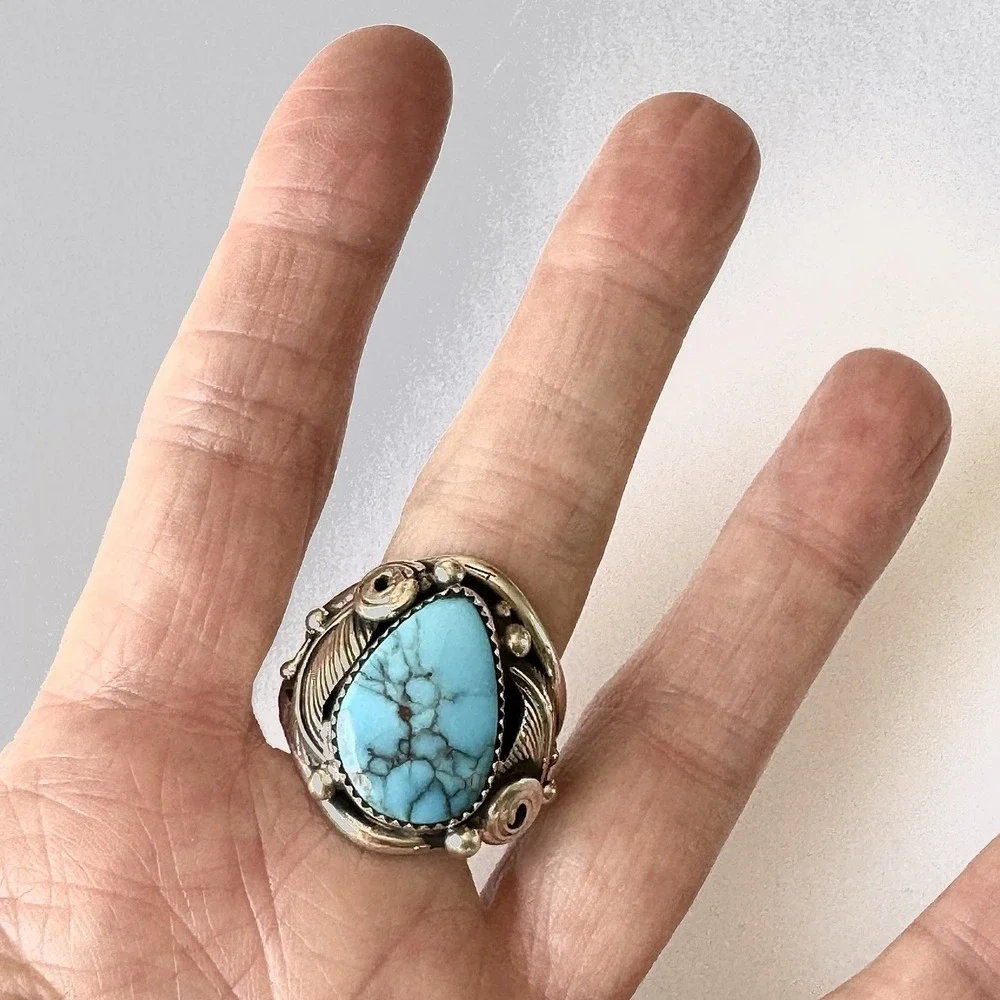 Navajo Mens Ring Sz 13 Turquoise Leaf Feather Signed D Morgan Sterling Native